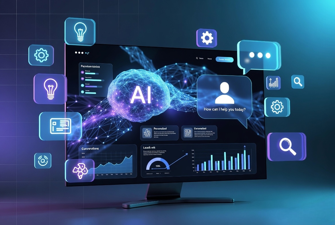 Futuristic computer monitor displaying a modern Al-powered business website interface with chatbot, personalized recommendations, analytics graphs, and glowing neural network elements.