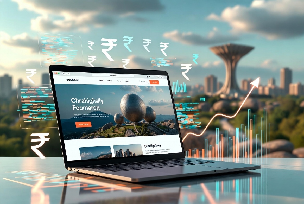 "Modern laptop displaying a professional business website on screen, with Chandigarh city skyline and iconic architecture in the background. Digital elements including glowing code, Indian Rupee symbols (₹), and upward growth arrows represent website development costs and business growth in Chandigarh."
