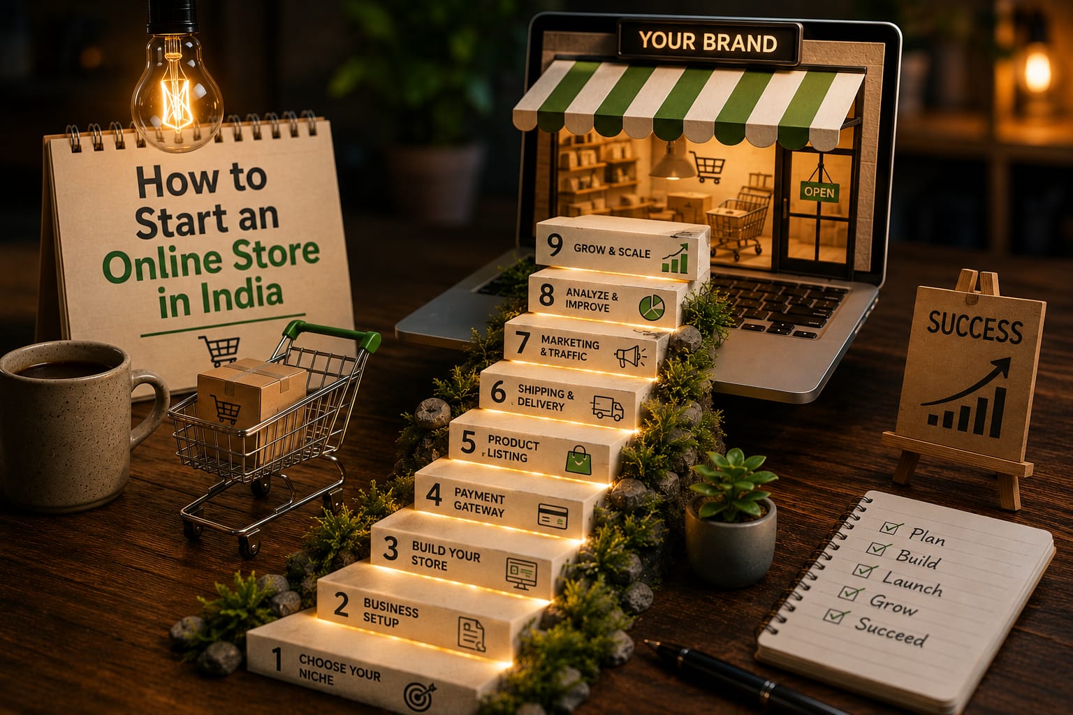 Creative illustration showing the journey of starting an online store in India. A miniature eCommerce storefront emerges from a laptop screen, with illuminated steps representing key business stages such as niche selection, business registration, website development, payment gateway setup, product listing, shipping, marketing, analytics, and business growth. The scene includes a shopping cart, packaging boxes, notebook, and success chart, symbolizing online business success and digital entrepreneurship in India.