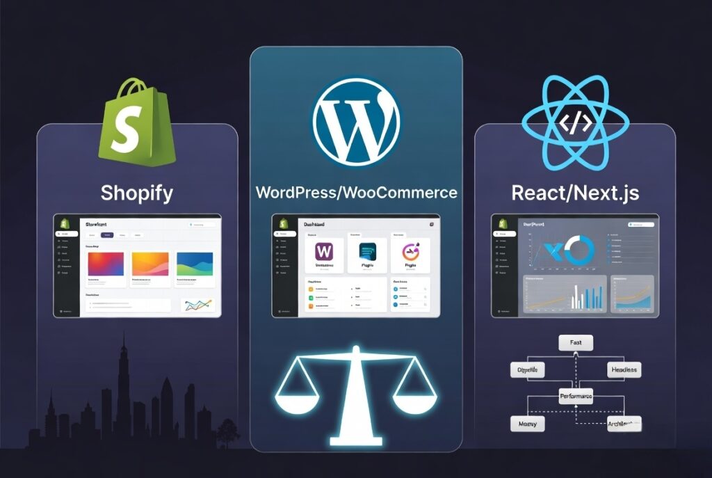 "Comparison graphic showing ecommerce website development platforms: Shopify, WordPress/WooCommerce, and React/Next.js with their dashboards, icons, and performance features displayed in a modern dark-themed design."