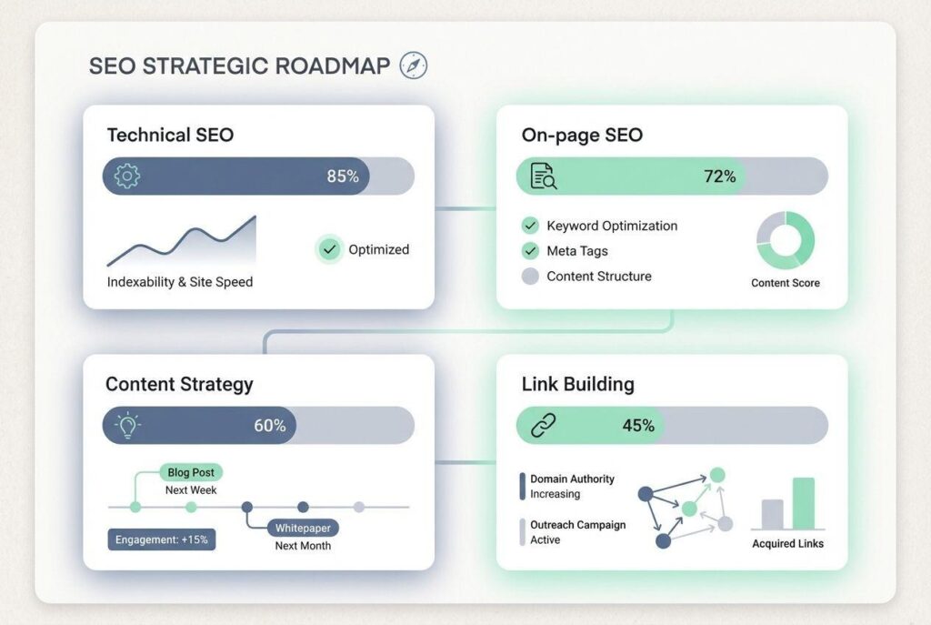 "Digital marketing analytics screen displaying SEO roadmap with technical optimization, content planning, and link building strategy sections"