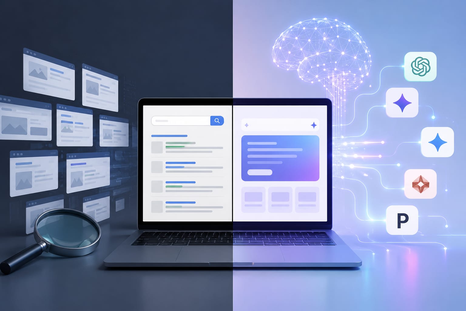 Website design AI visibility comparison showing traditional Google search versus AI search results with ChatGPT, Gemini, Perplexity and Copilot icons
