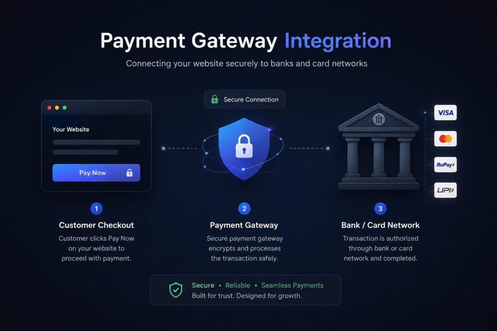 payment gateway integration process — customer checkout, secure payment gateway, and bank or card network authorization in three steps